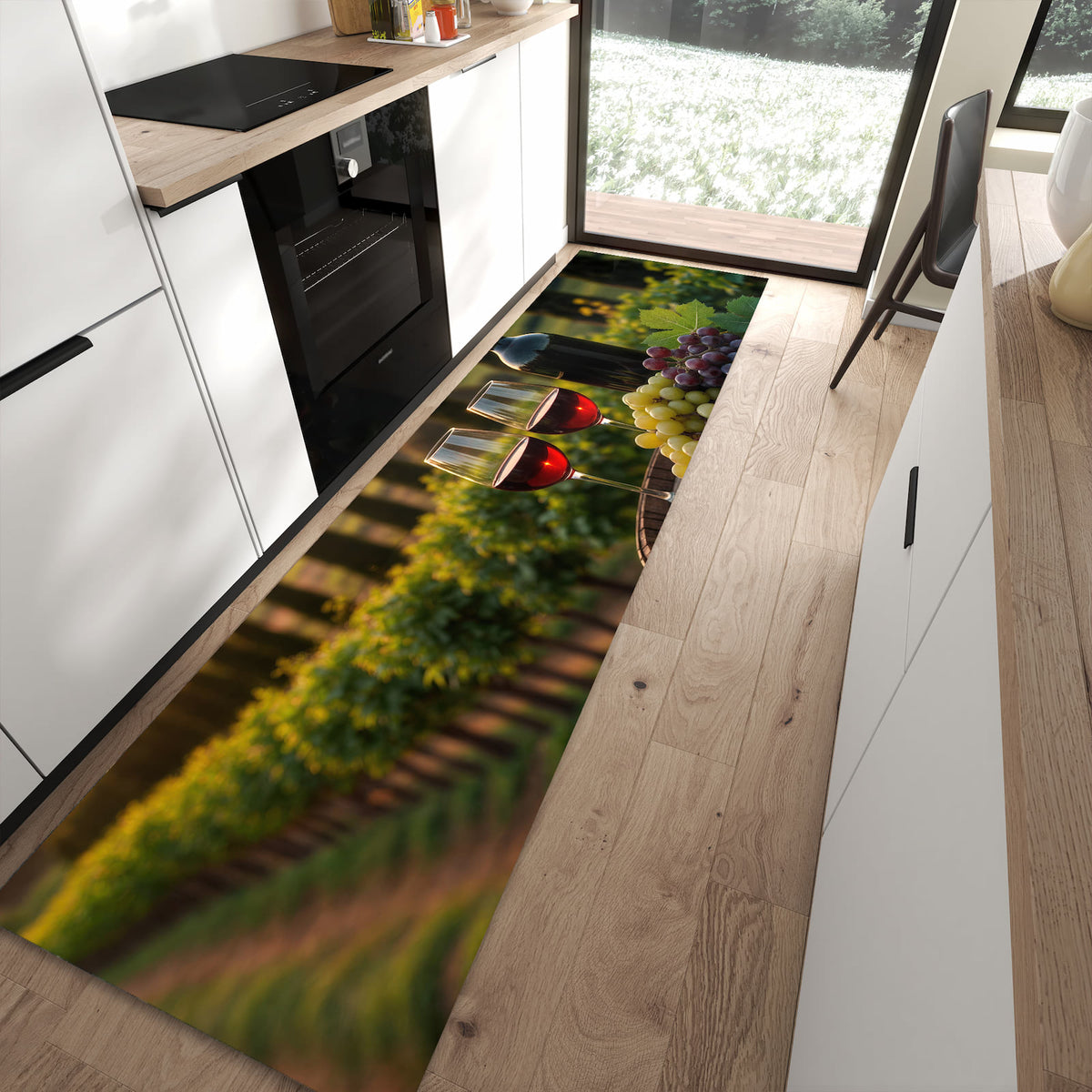 UV-beständiger abwaschbarer Küchenläufer mit Motiv Weinlandschaft in moderner Küche