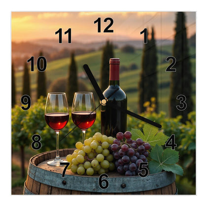Wanduhr Quadratisch mit dem Motiv Rotwein im Weinberg
