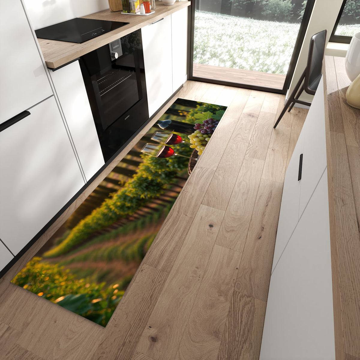 Bodenschonender rutschfester Küchenläufer mit Motiv Weinlandschaft in moderner Küche