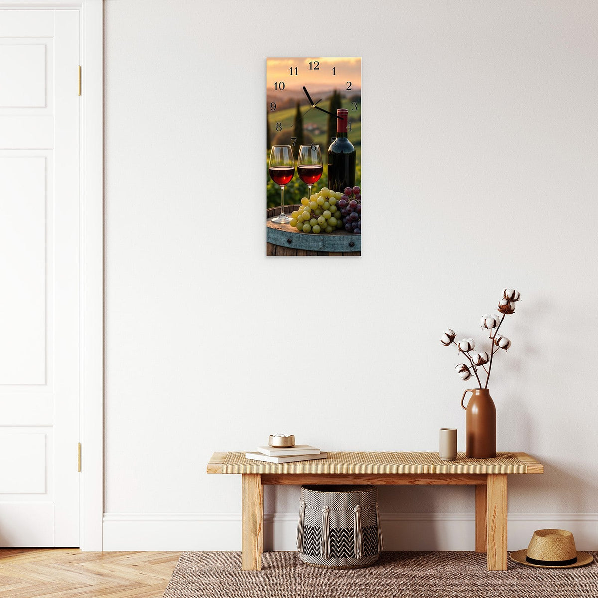 Moderne Wanduhr aus Glas mit Farbtiefe – Wanduhr Weinlandschaft aus Glas – Hochformat 30 × 60 cm