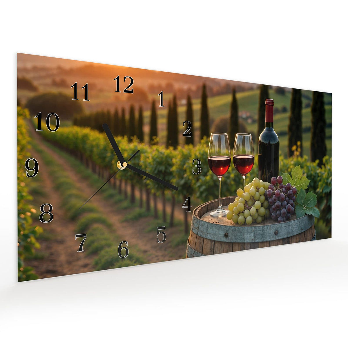 Vormontiert – mit Schwebeeffekt – Wanduhr Weinlandschaft aus Glas – Querformat 60 × 30 cm