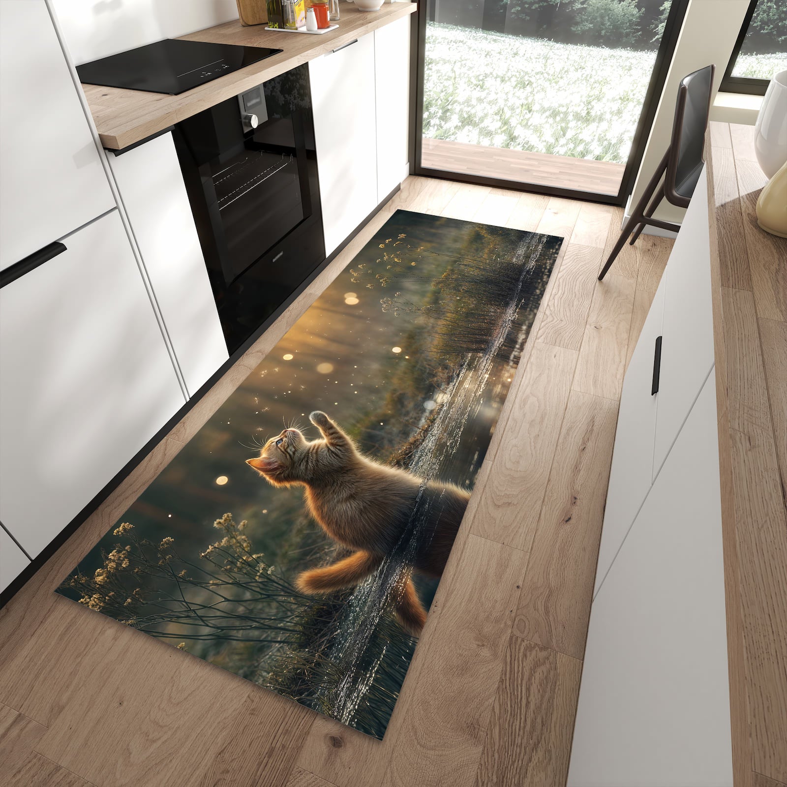 Rutschfester Küchenläufer mit Motiv Katze mit Marienkäfer in moderner Küche
