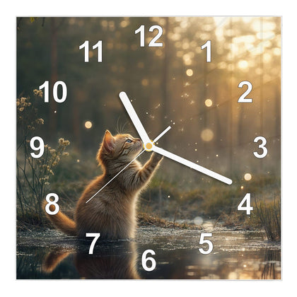 Wanduhr Quadratisch mit dem Motiv Kätzchen im Gegenlicht