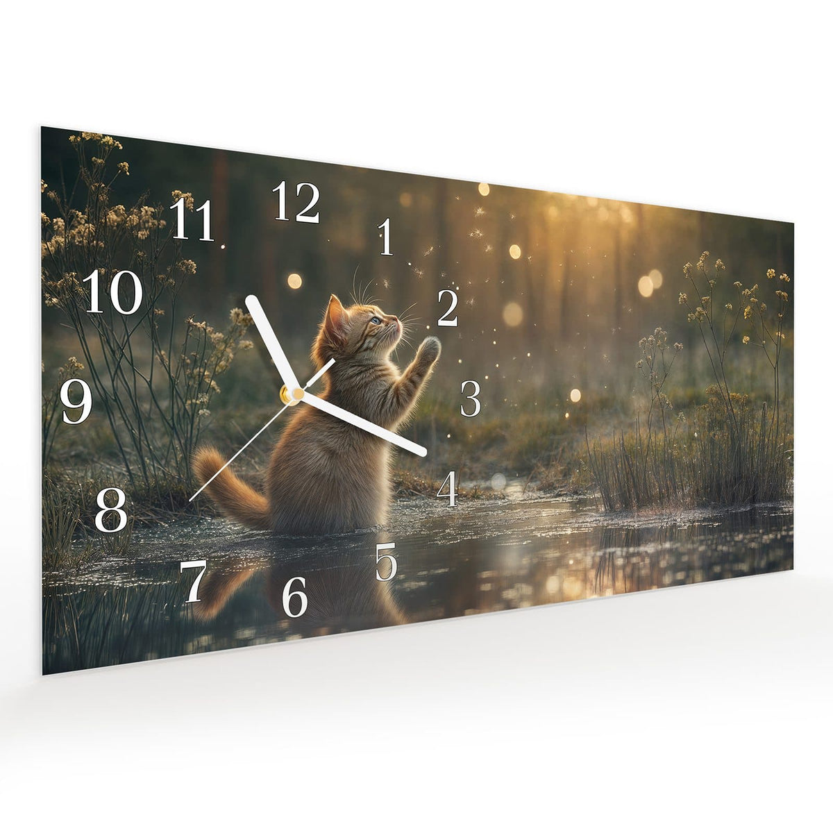 Vormontiert – mit Schwebeeffekt – Wanduhr Katze mit Marienkäfer aus Glas – Querformat 60 × 30 cm
