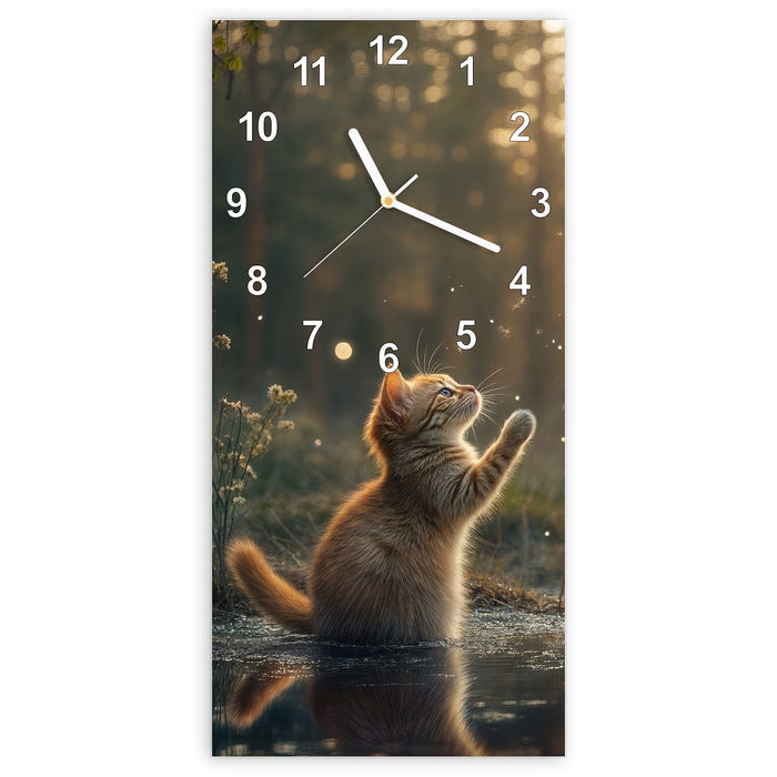Wanduhr Katze mit Marienkäfer aus Glas – Hochformat 30 × 60 cm mit Ziffernblatt Modern