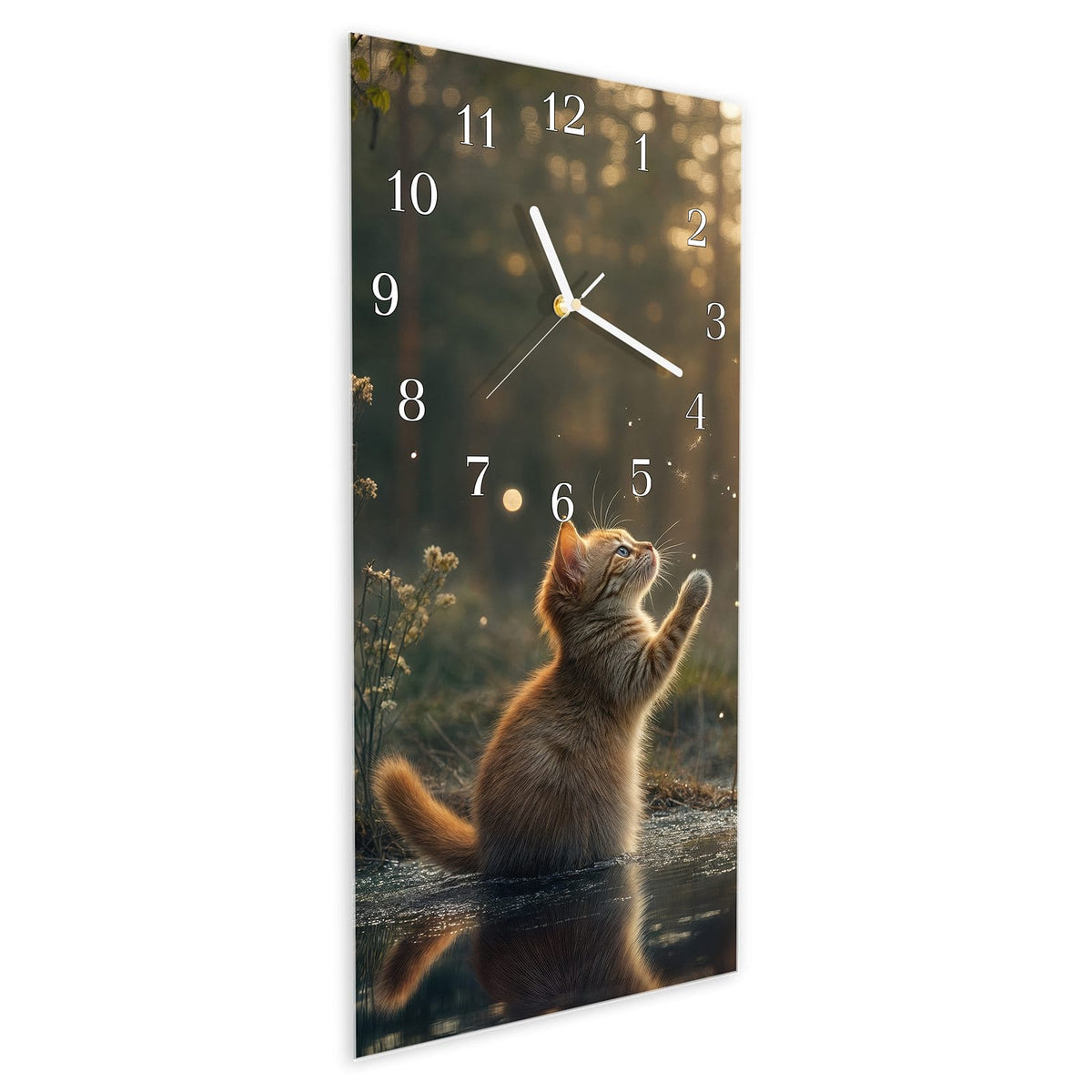 Vormontiert – mit Schwebeeffekt – Wanduhr Katze mit Marienkäfer aus Glas – Hochformat 30 × 60 cm