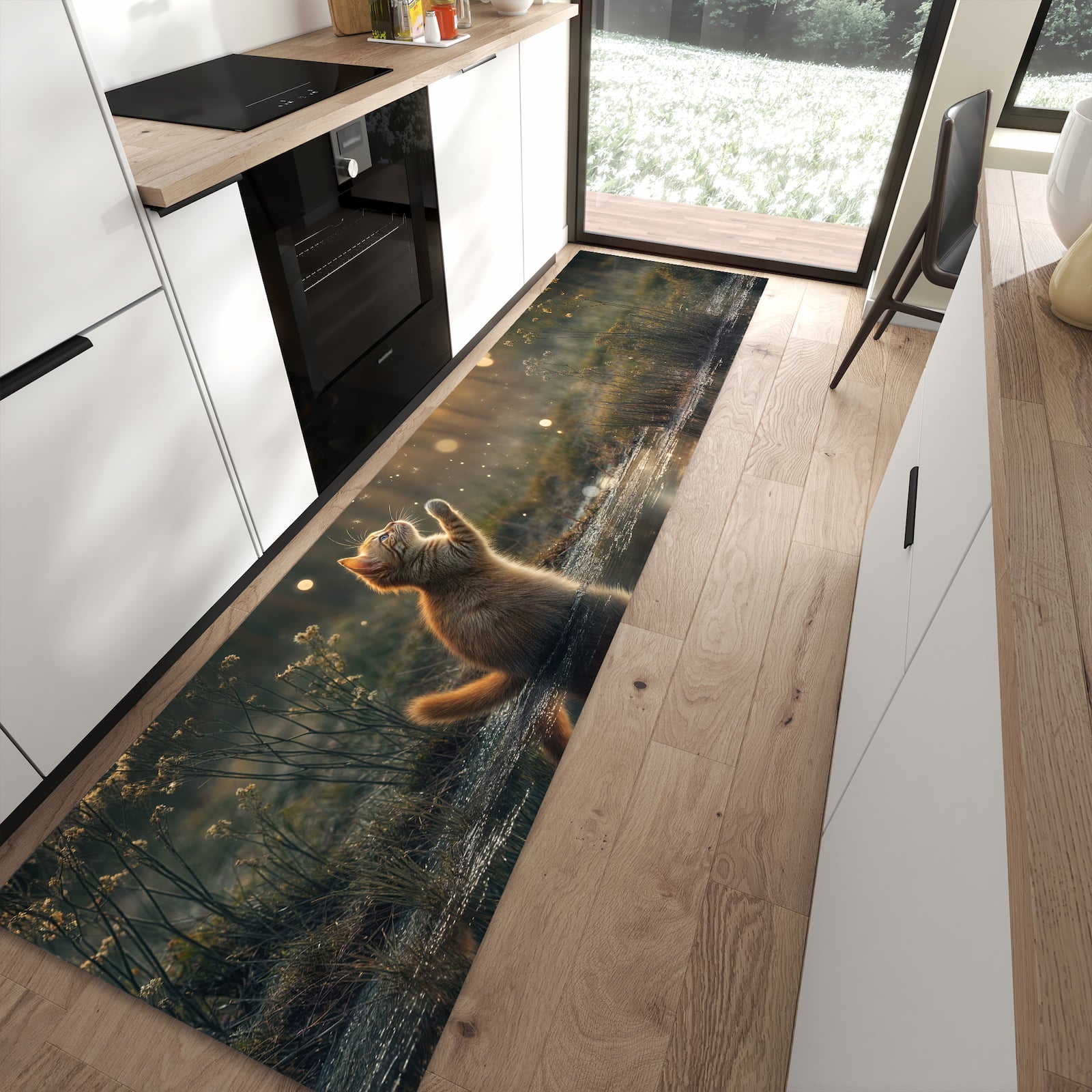 Waschbarer Küchenteppich mit Motiv Katze mit Marienkäfer in moderner Küche