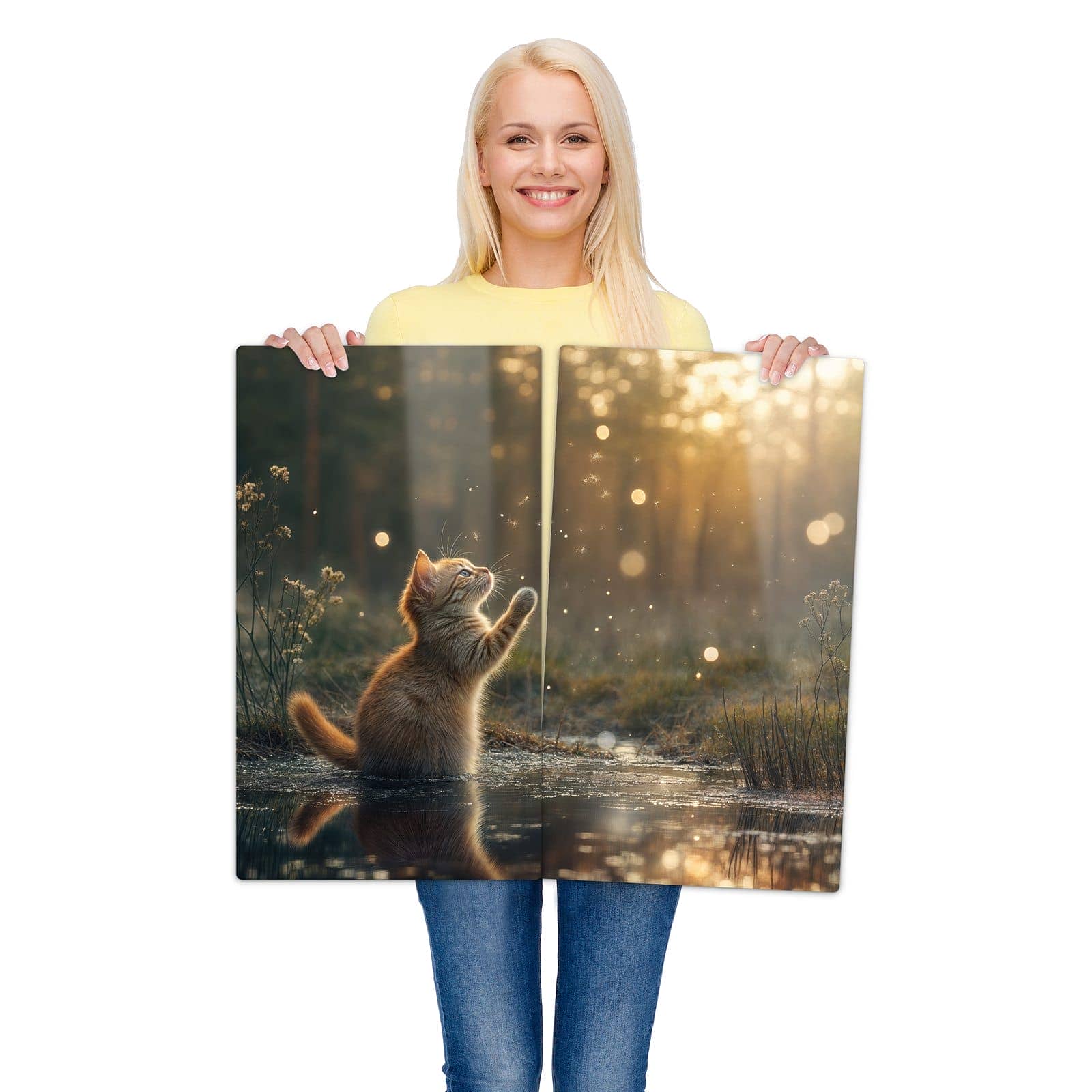 2-teilige Ceranfeld Abdeckplatten mit Katze mit Marienkäfer-Motiv werden zur Größendarstellung gehalten