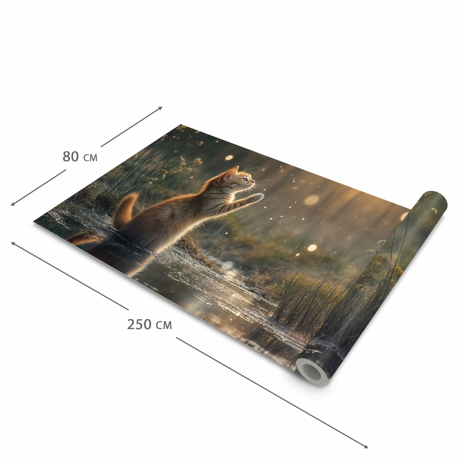 Waschbarer Küchenläufer mit Motiv Katze mit Marienkäfer in der Größe 60x120 cm, angenehme Haptik