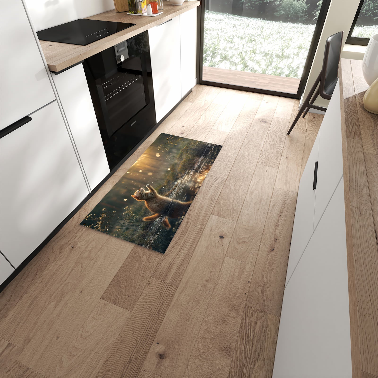 Geruchsneutraler Bodenläufer Teppich mit Motiv Katze mit Marienkäfer in moderner Küche #grösse_60 x 120 cm