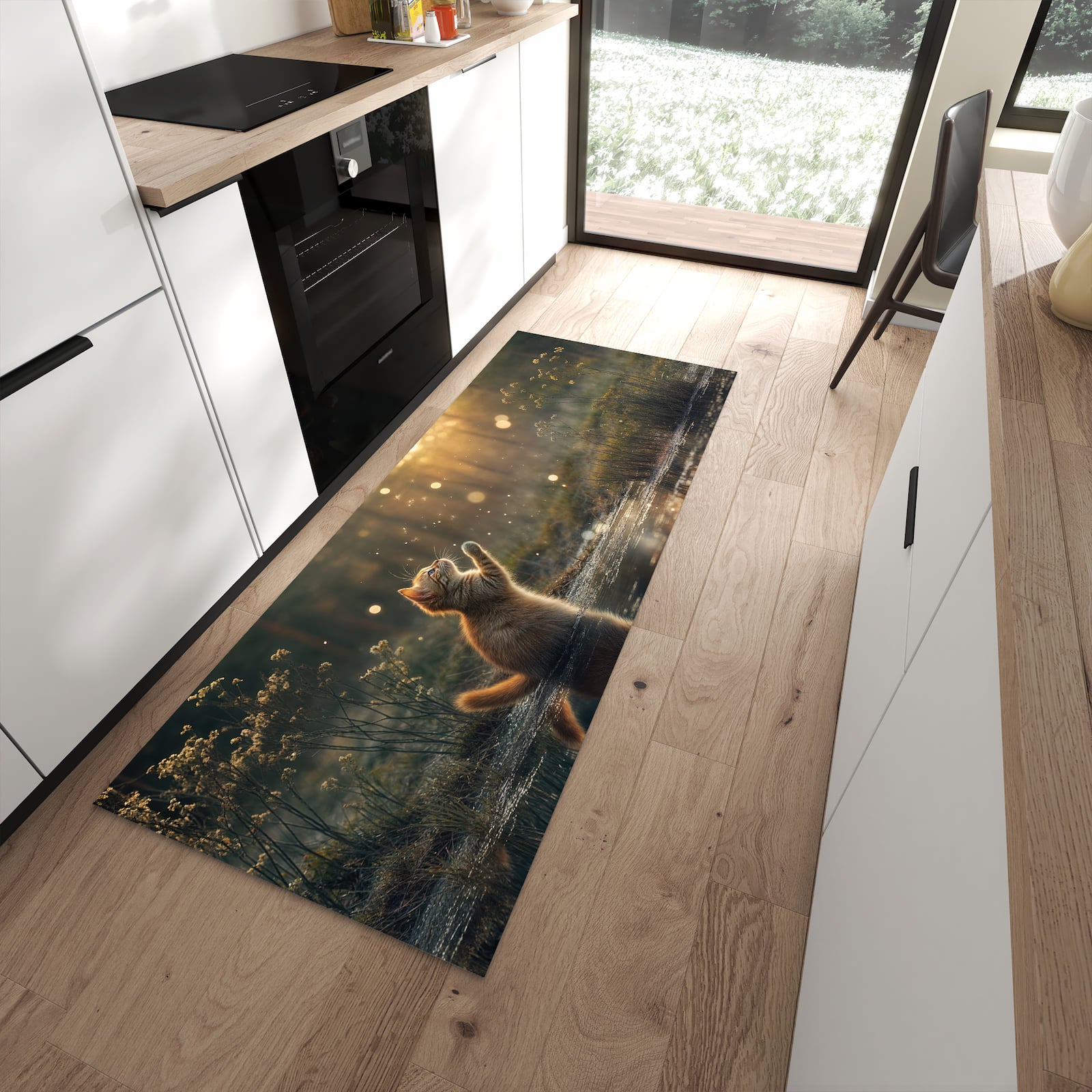 Küchenteppich mit Motiv Katze mit Marienkäfer für angenehmes Stehen in moderner Küche