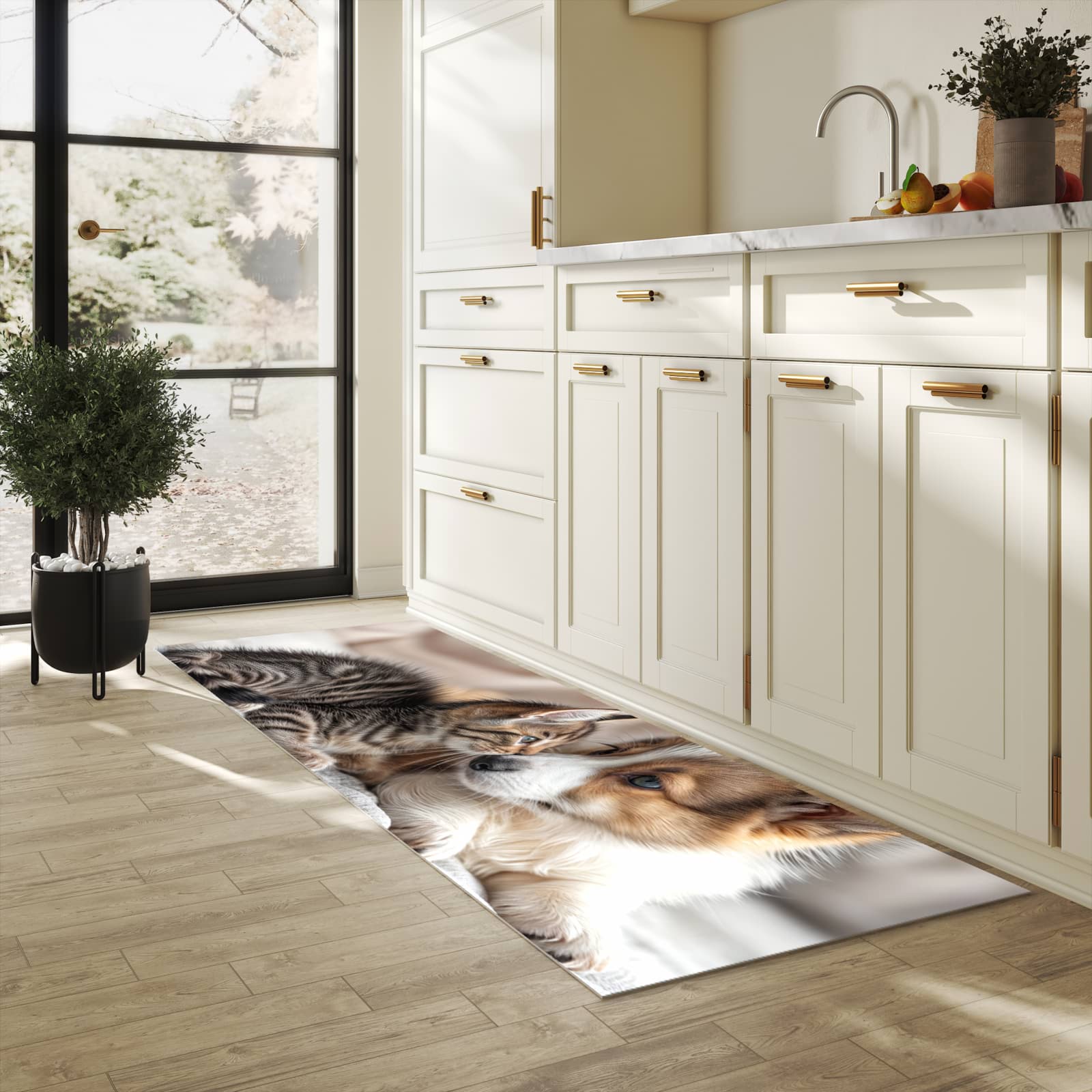 Fleckenresistenter Küchenläufer mit Motiv Welpe und Kätzchen in heller Küche