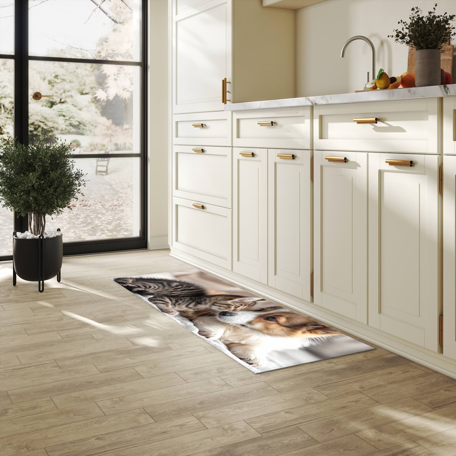 Zeitsparender Küchenteppich mit Motiv Welpe und Kätzchen in heller Küche - leicht waschbar