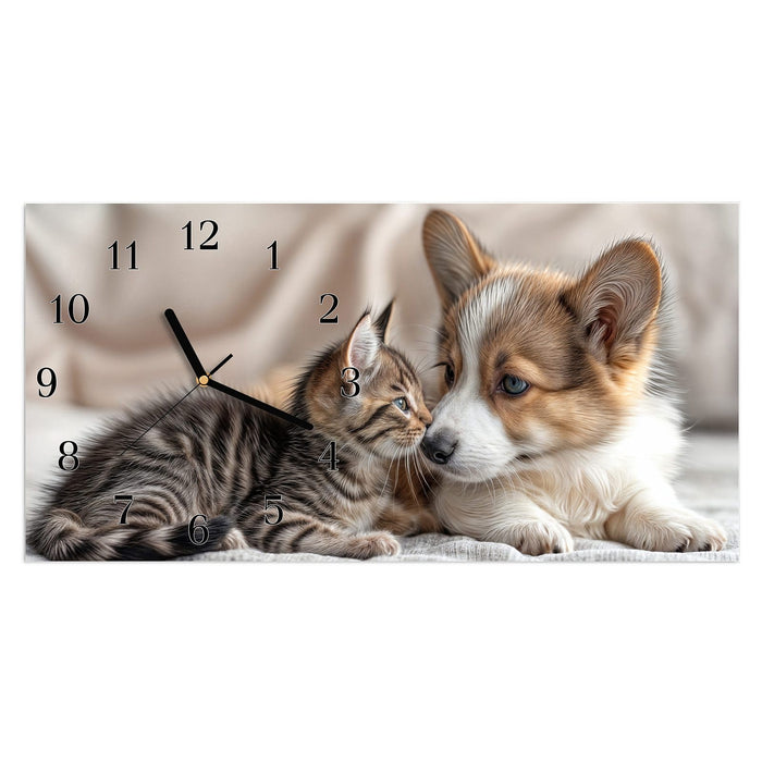 Wanduhr Welpe und Kätzchen aus Glas – Querformat 60 × 30 cm mit Ziffernblatt Klassisch