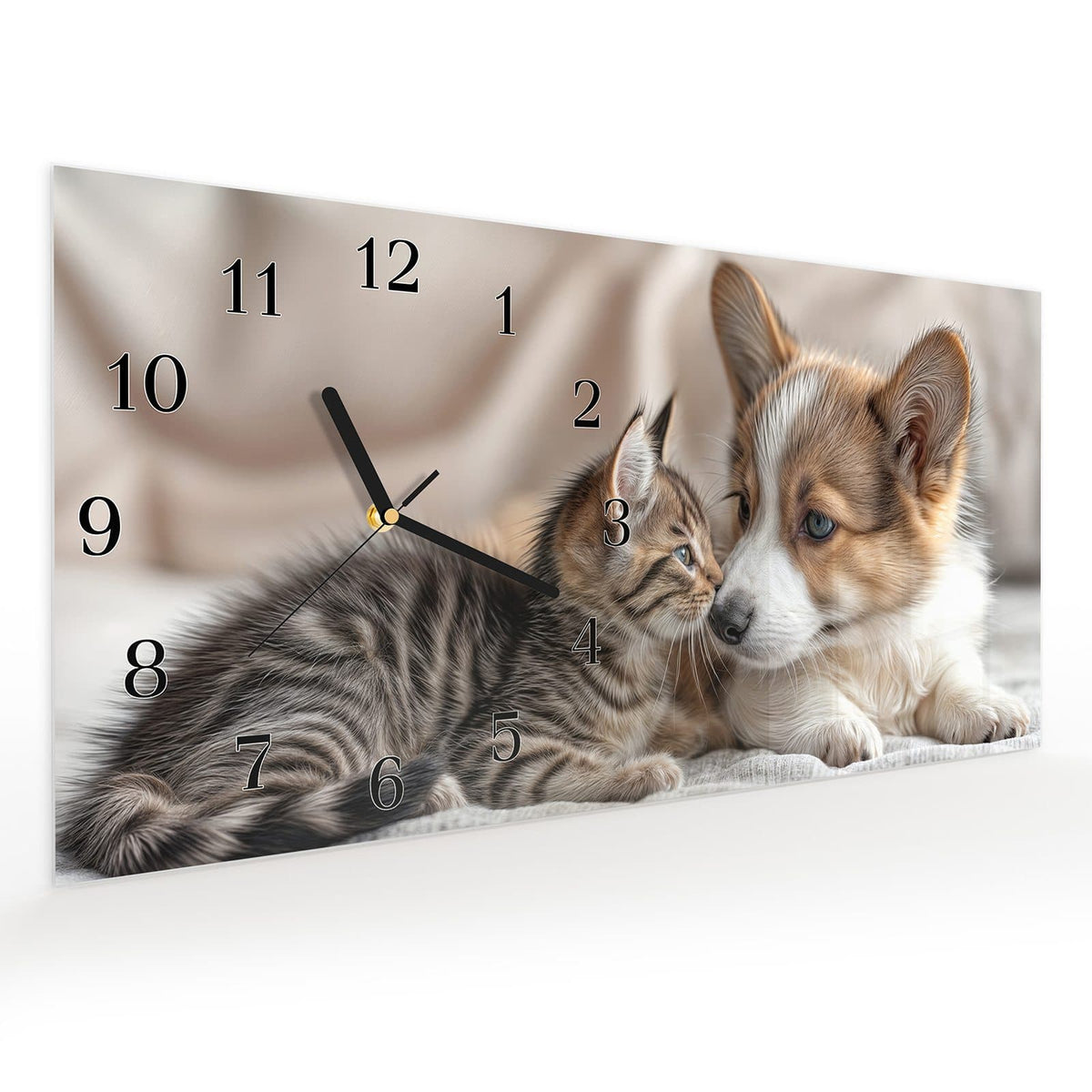 Vormontiert – mit Schwebeeffekt – Wanduhr Welpe und Kätzchen aus Glas – Querformat 60 × 30 cm