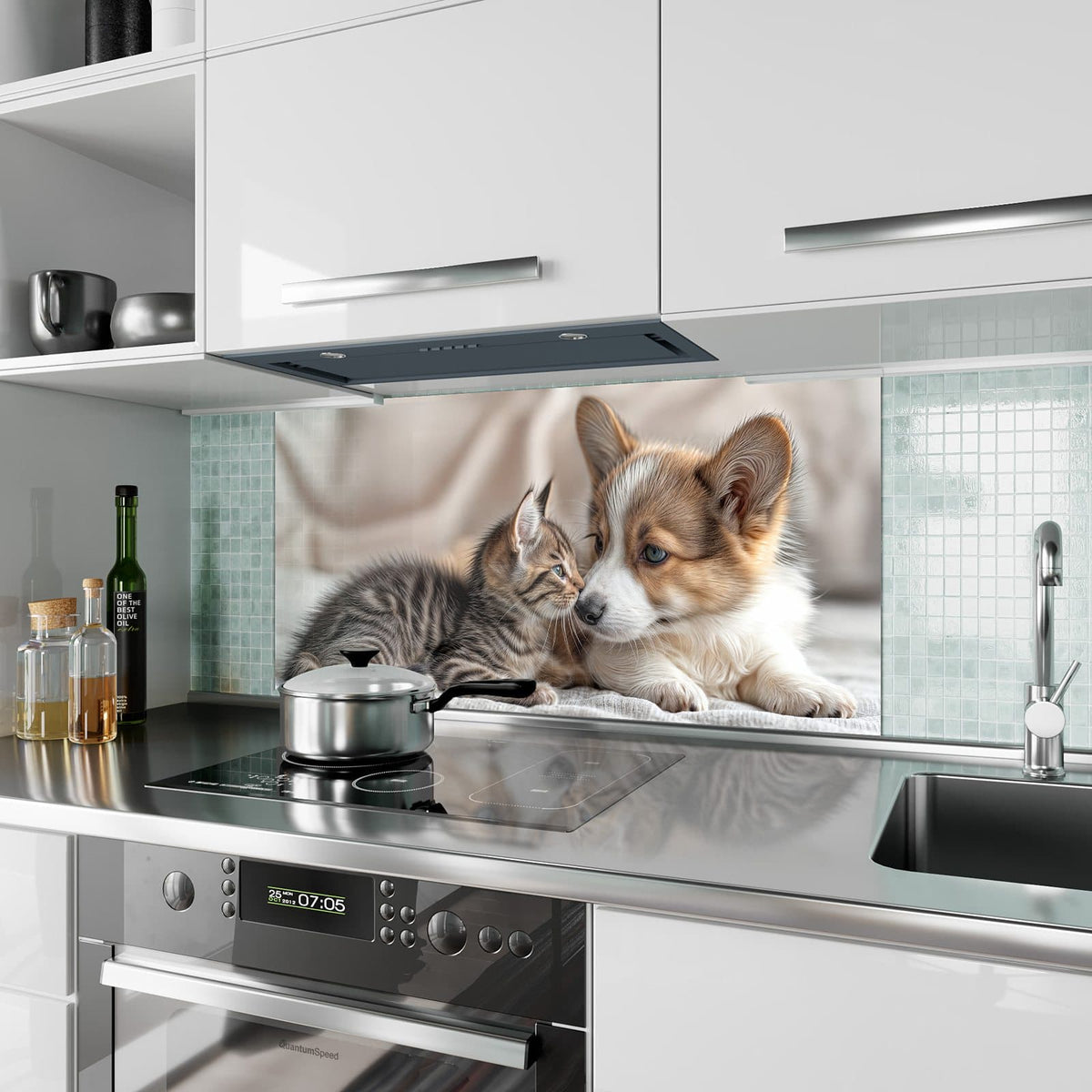 Küchenrückwand aus Glas Welpe und Kätzchen im Hochformat als Spritzschutz hinter dem Kochfeld, über dem Fliesenspiegel montiert