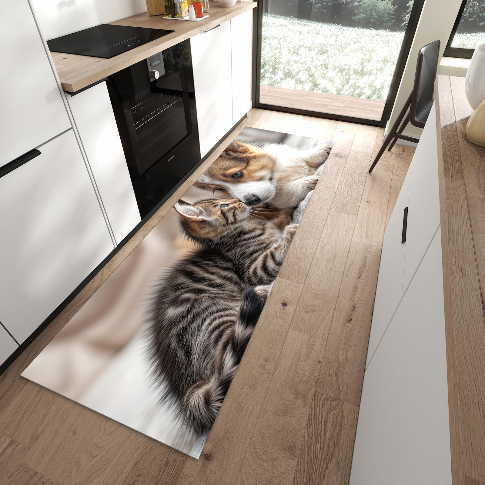 Hygienischer Küchenläufer mit Motiv Welpe und Kätzchen in moderner Küche