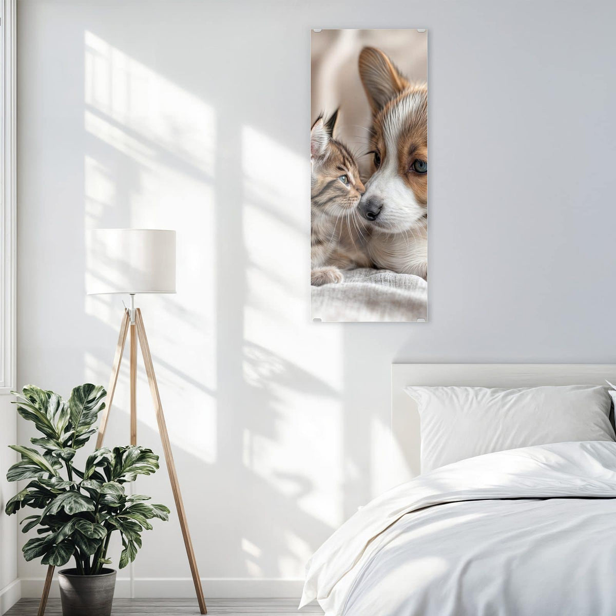 Wandbild aus Glas Welpe und Kätzchen über einem Bett im hellen Schlafzimmer