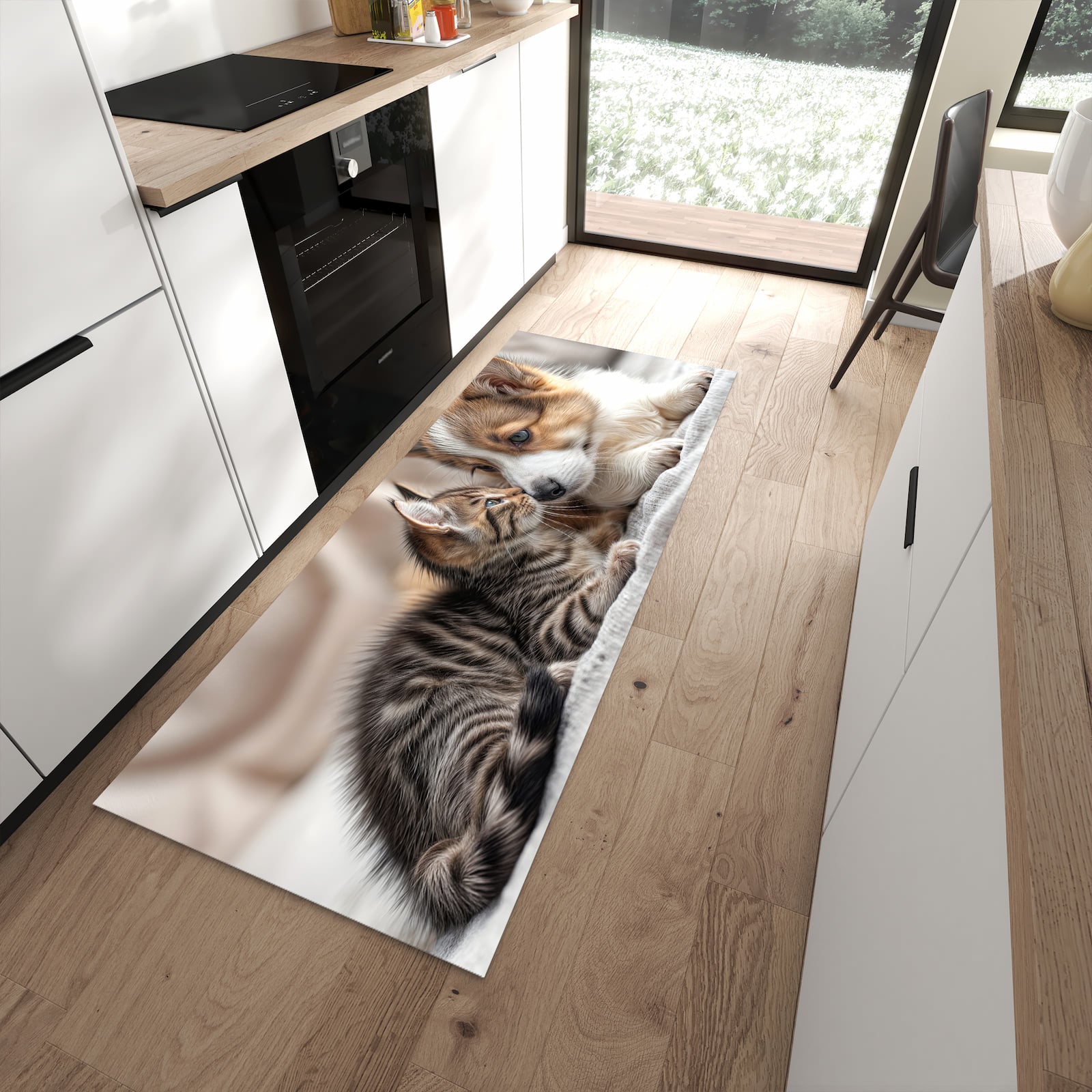 Küchenteppich mit Motiv Welpe und Kätzchen für angenehme Haptik in moderner Küche