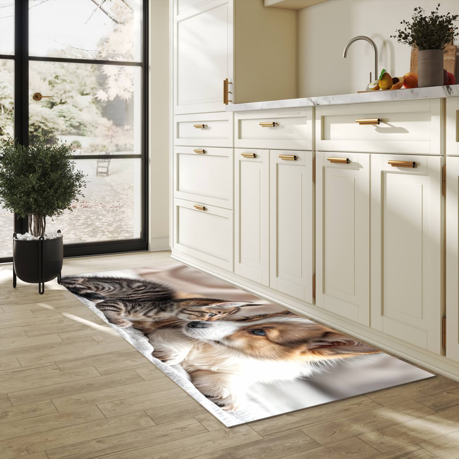 Flacher rutschfester Küchenläufer mit Motiv Welpe und Kätzchen in heller Küche