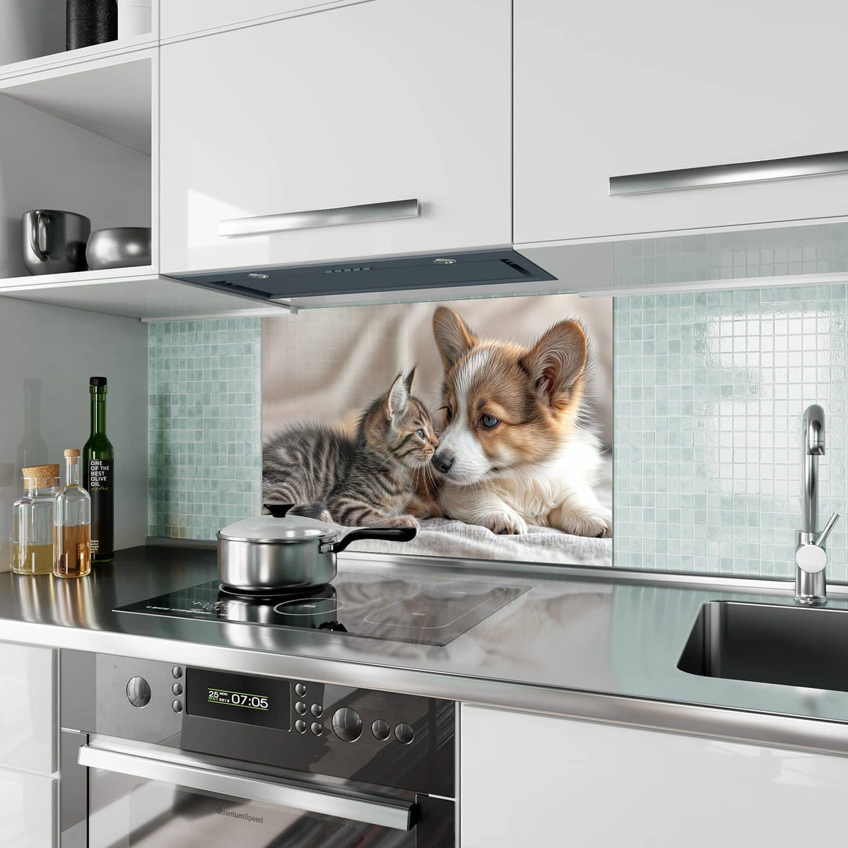 Küchenrückwand aus Glas Welpe und Kätzchen im Hochformat als Spritzschutz hinter dem Kochfeld, über dem Fliesenspiegel montiert