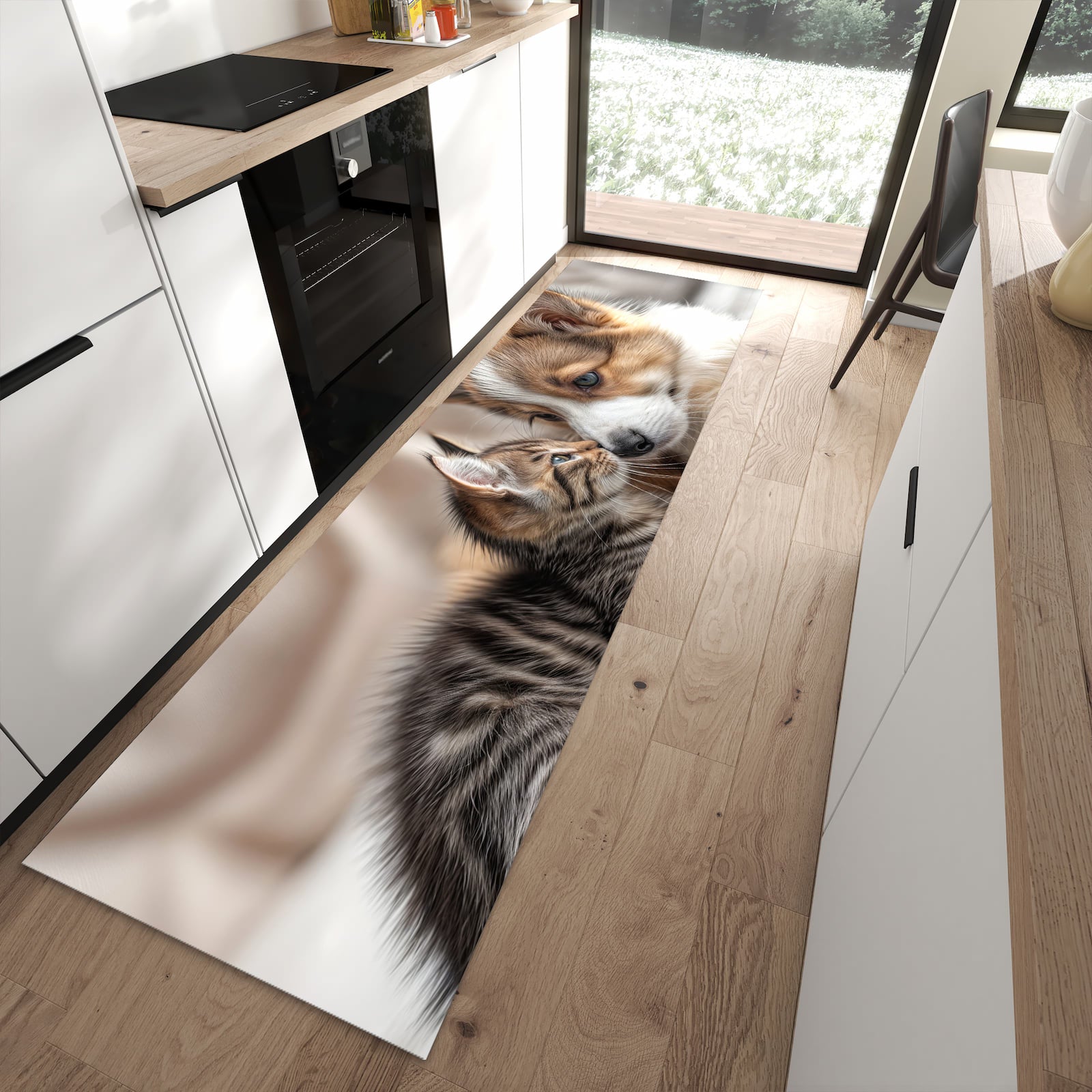 Strapazierfähiger Küchenläufer mit Motiv Welpe und Kätzchen in moderner Küche