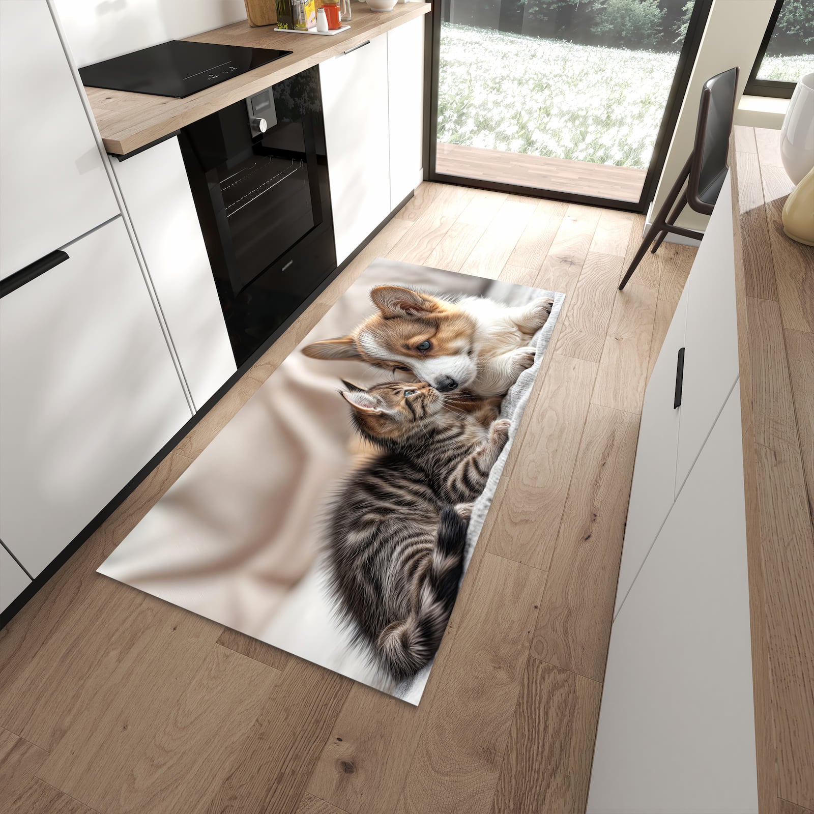 Langlebiger rutschfester Küchenläufer mit Motiv Welpe und Kätzchen in moderner Küche