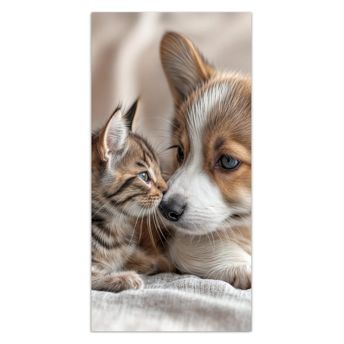 Wandbild aus Glas: Corgi-Welpe und getigertes Kätzchen liegen Kopf an Kopf auf heller Decke