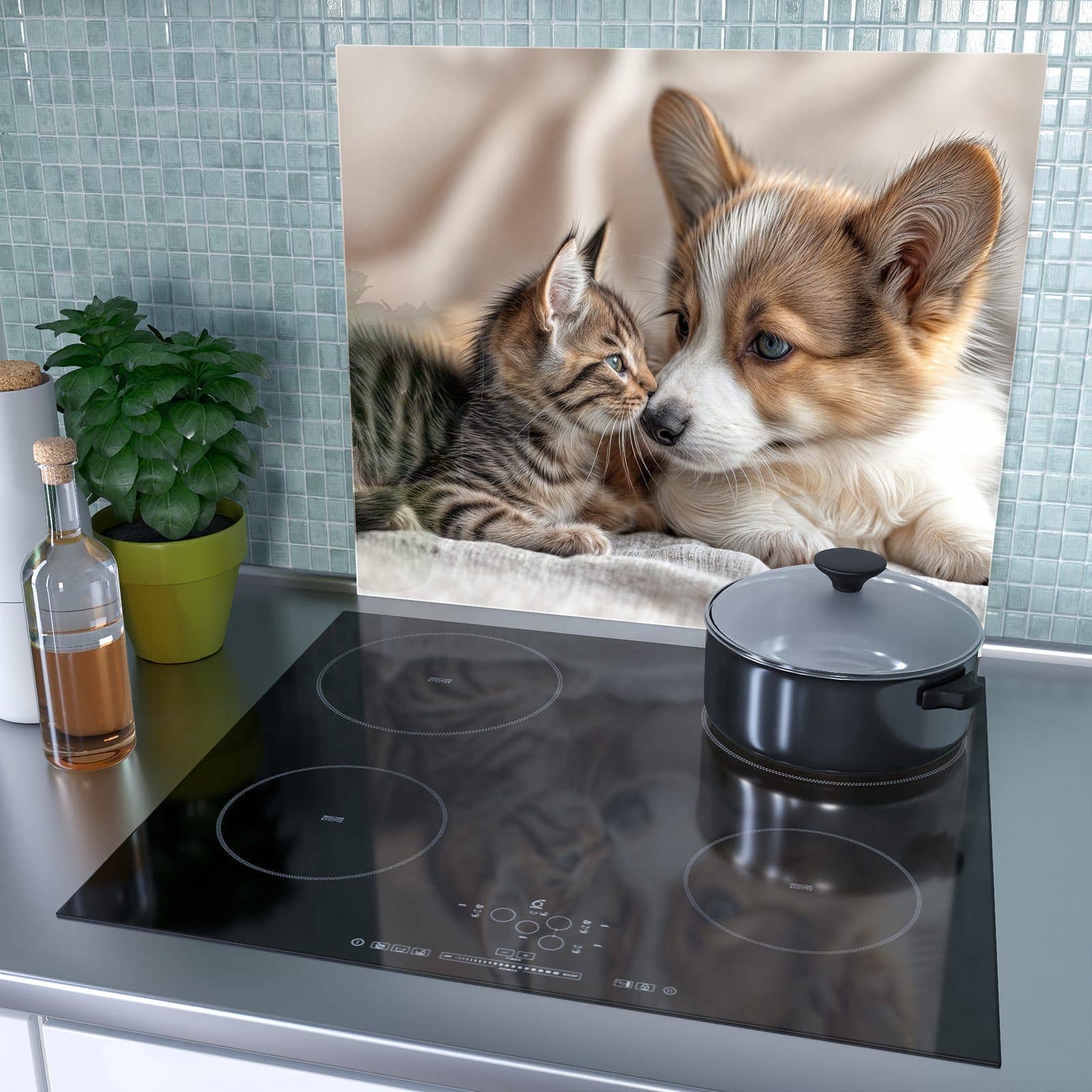 1-teilige Abdeckplatten für Ceranfeld mit Welpe und Kätzchen-Motiv als Spritzschutz hinter dem Kochfeld