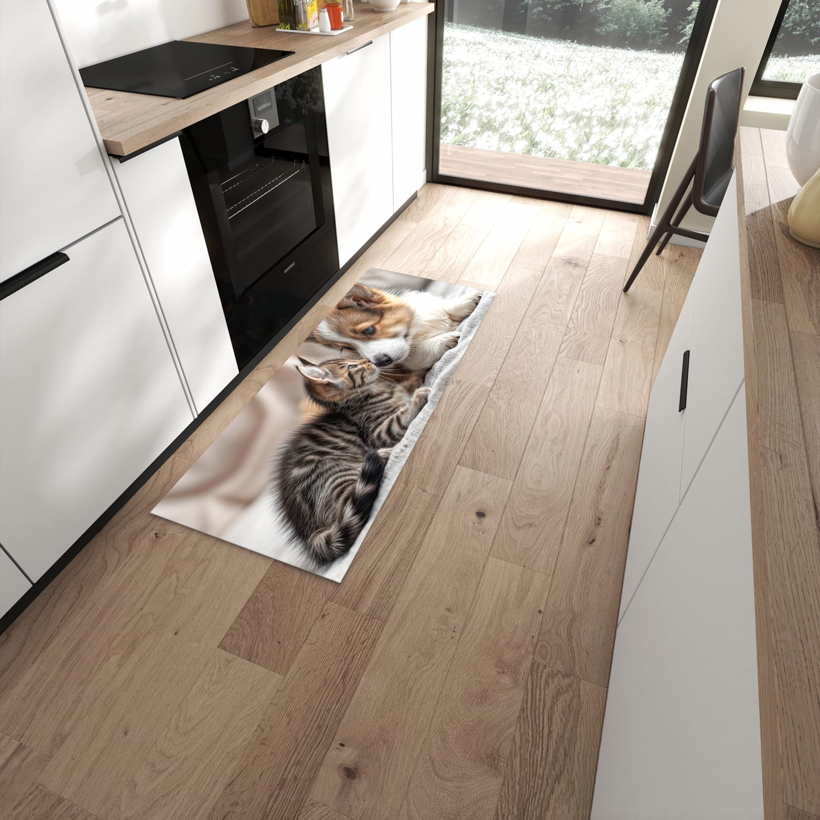 Langlebiger Küchenteppich mit Motiv Welpe und Kätzchen in moderner Küche #grösse_60 x 150 cm