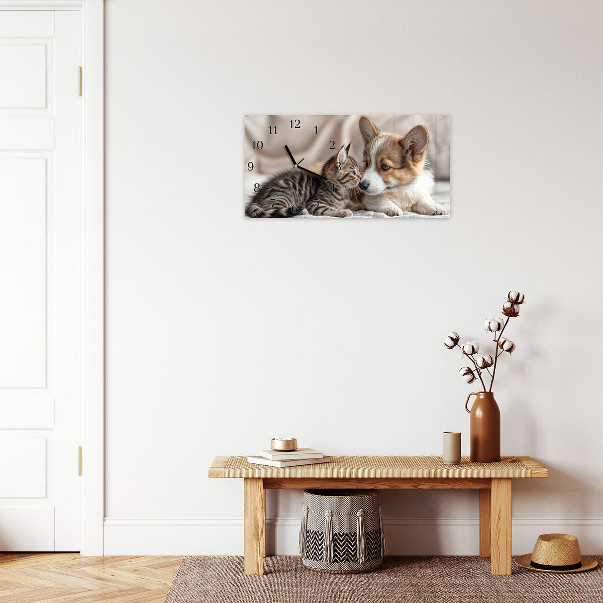 Moderne Wanduhr aus Glas mit Farbtiefe – Wanduhr Welpe und Kätzchen aus Glas – Querformat 60 × 30 cm