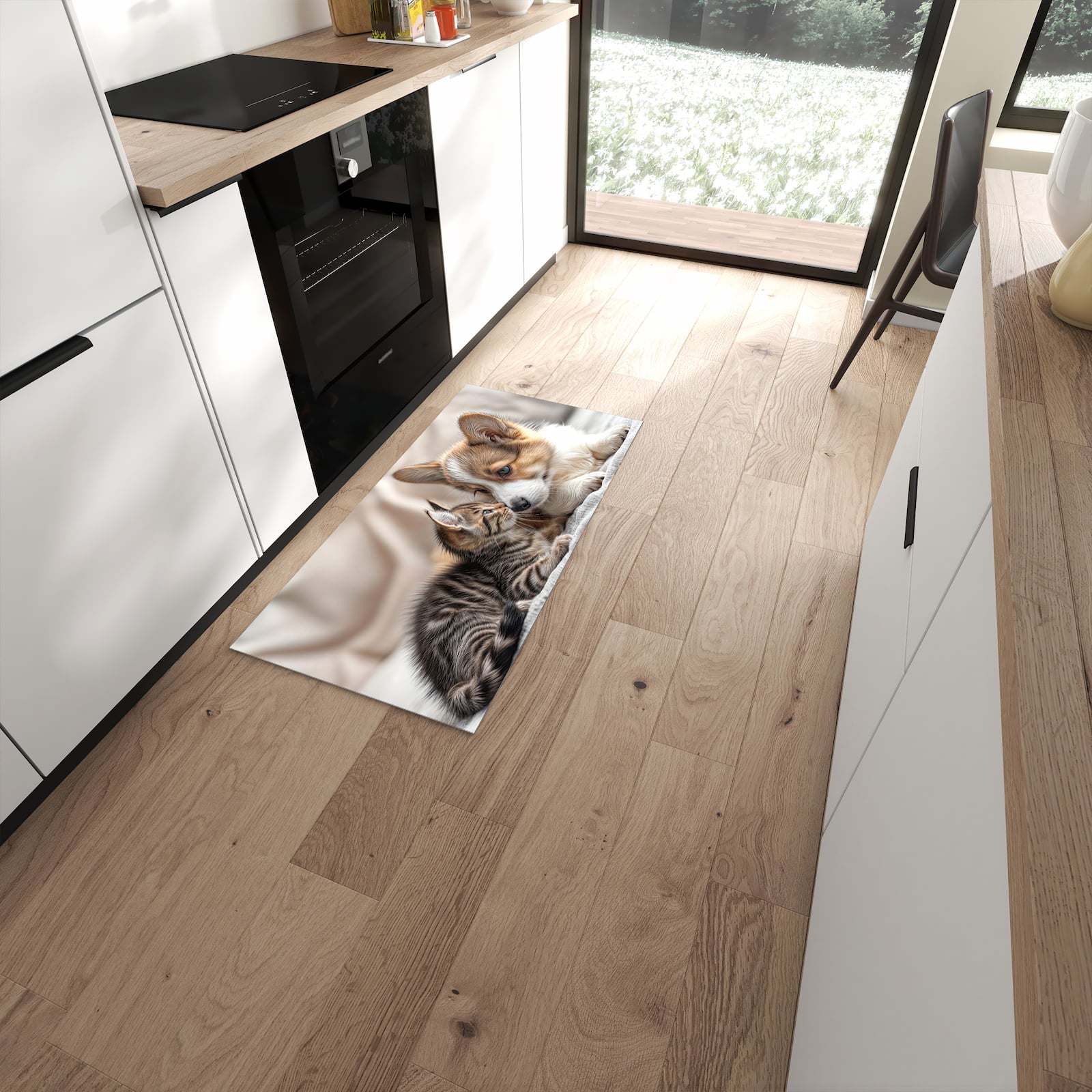 Geruchsneutraler rutschfester Küchenteppich mit Motiv Welpe und Kätzchen in moderner Küche #grösse_60 x 120 cm
