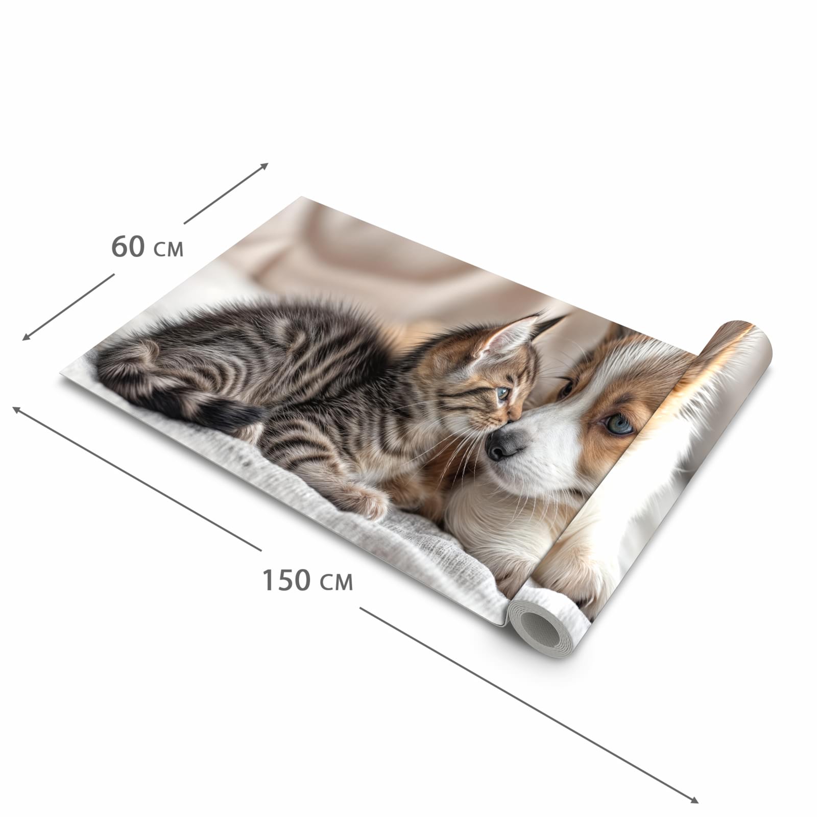 Bodenschonender Küchenteppich mit Motiv Welpe und Kätzchen in der Größe 60x90 cm