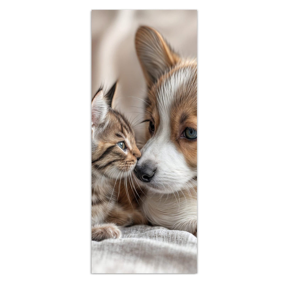 Wandbild aus Glas: Corgi-Welpe und getigertes Kätzchen liegen Kopf an Kopf auf heller Decke
