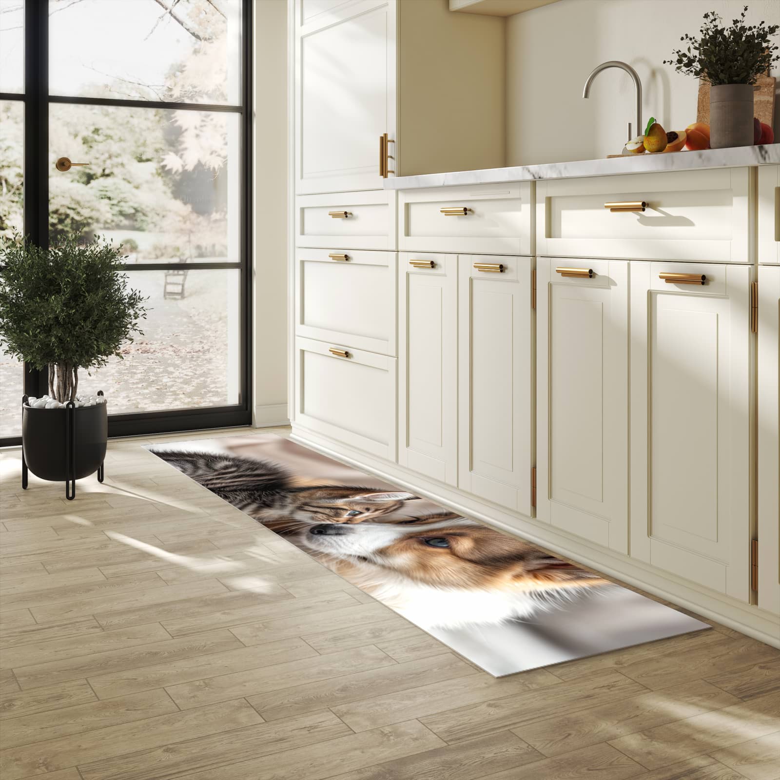 Abriebfester großer Küchenteppich mit Motiv Welpe und Kätzchen in heller Küche