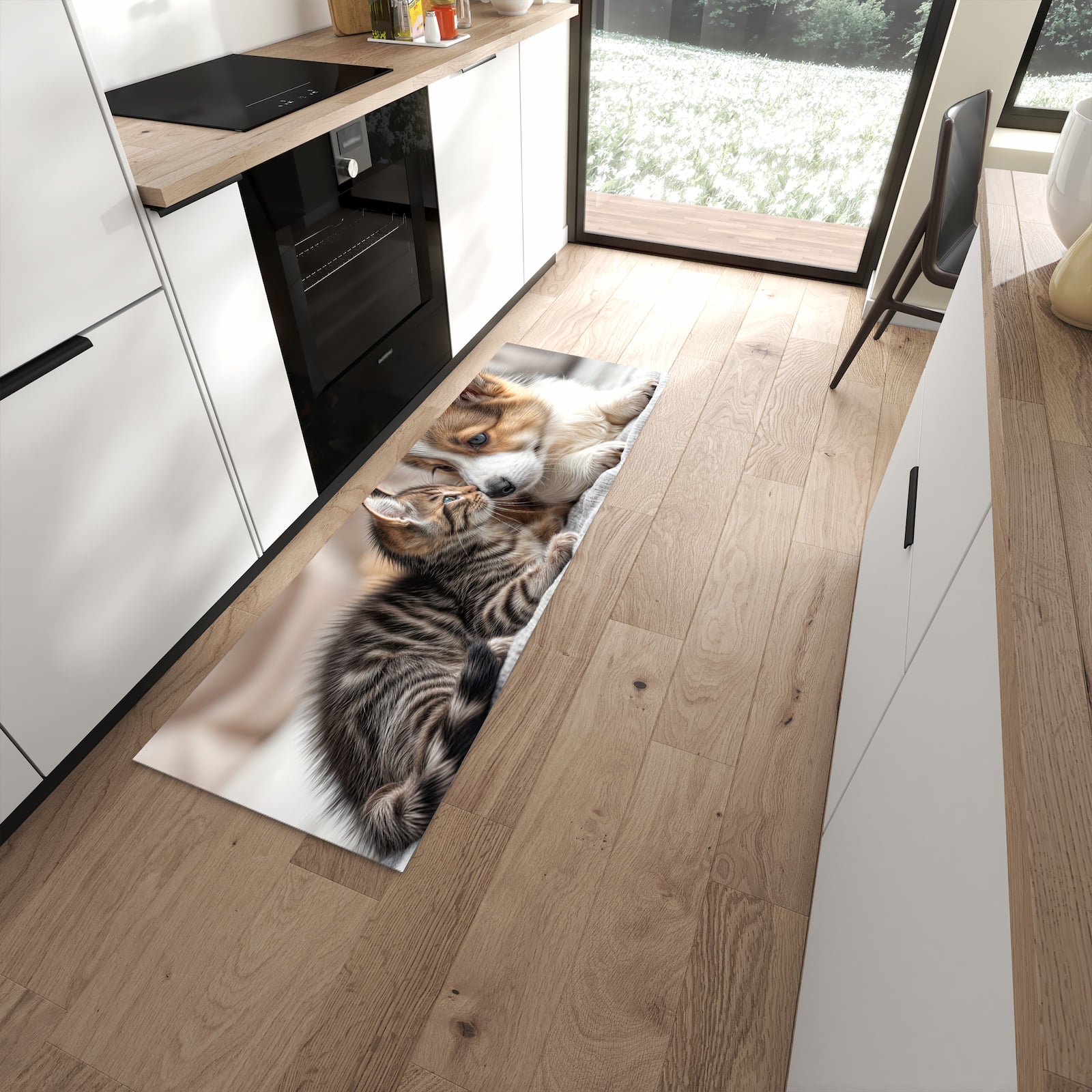Flacher Küchenteppich mit Motiv Welpe und Kätzchen in moderner Küche - waschbar