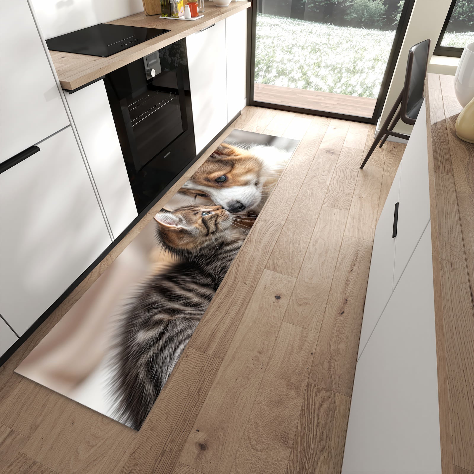 Pflegeleichter waschbarer Küchenteppich mit Motiv Welpe und Kätzchen in moderner Küche