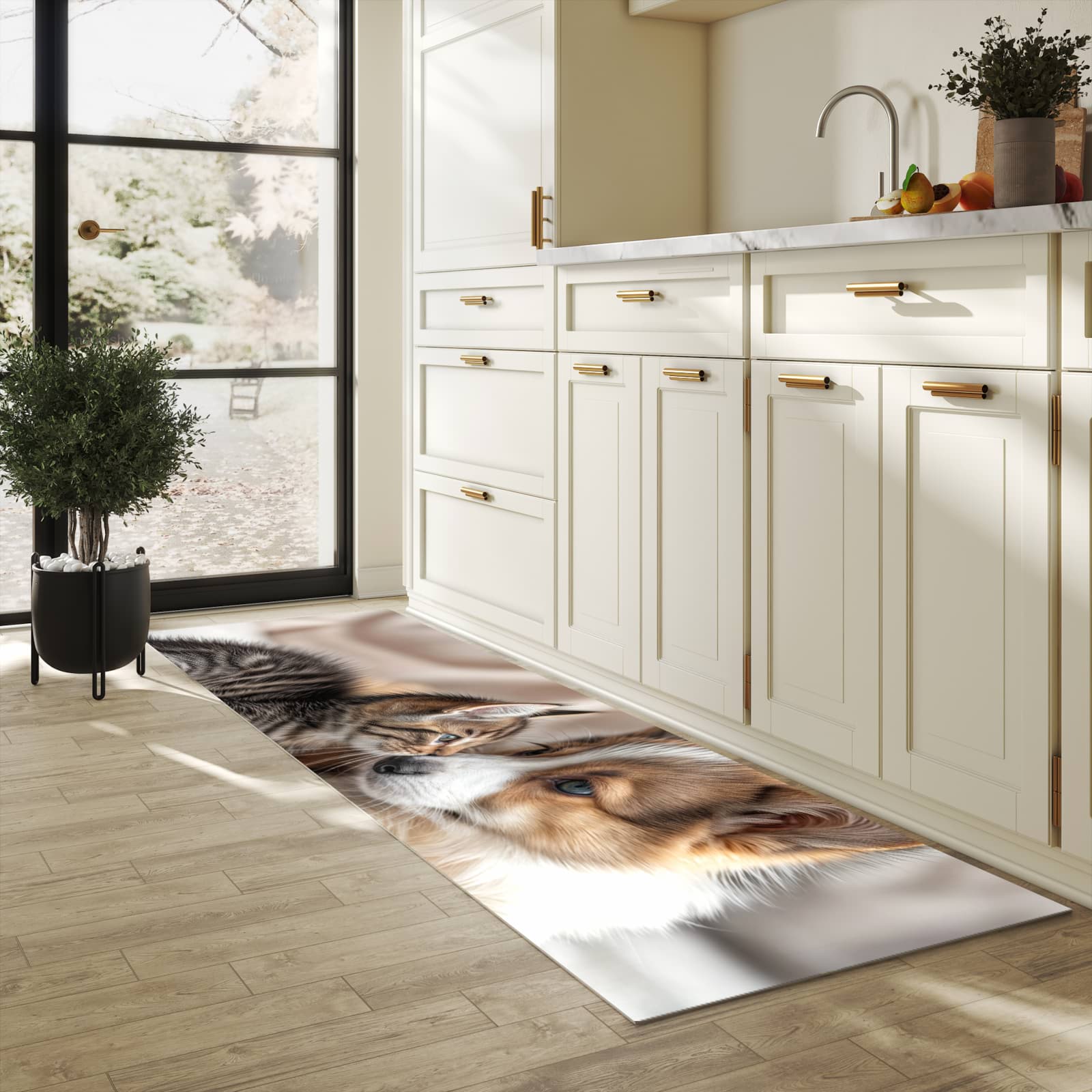 Schmutzabweisender Küchenläufer mit Motiv Welpe und Kätzchen in heller Küche