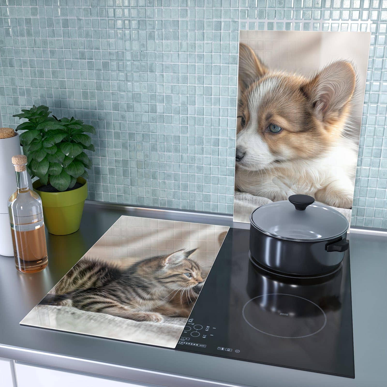 2-teilige Herdabdeckplatte mit Welpe und Kätzchen-Motiv als Spritzschutz hinter dem Kochfeld
