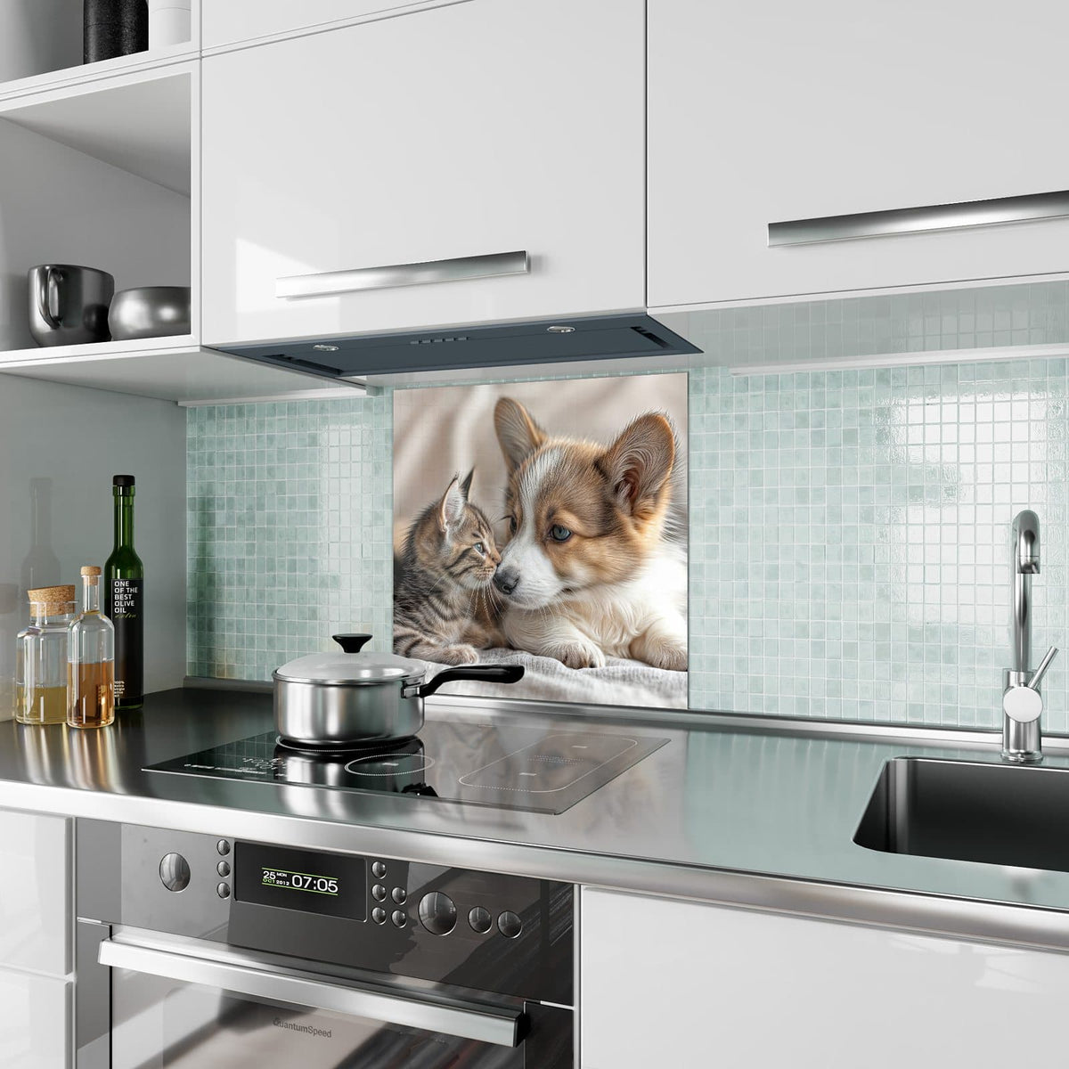 Küchenrückwand aus Glas Welpe und Kätzchen im quadratischen Format als Spritzschutz hinter dem Kochfeld, über dem Fliesenspiegel montiert