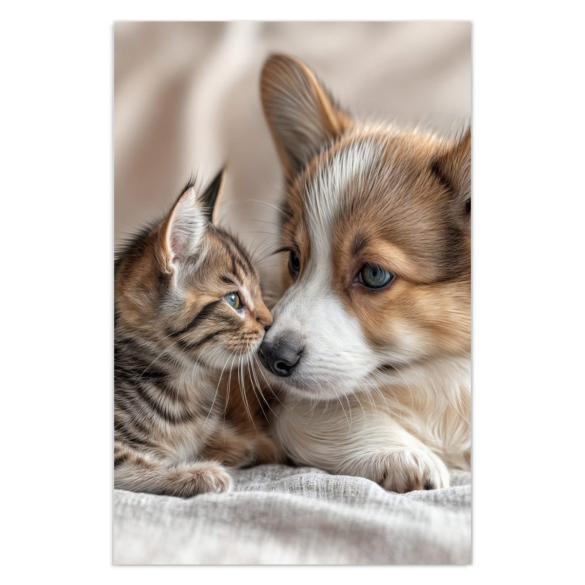 Wandbild aus Glas: Corgi-Welpe und getigertes Kätzchen liegen Kopf an Kopf auf heller Decke