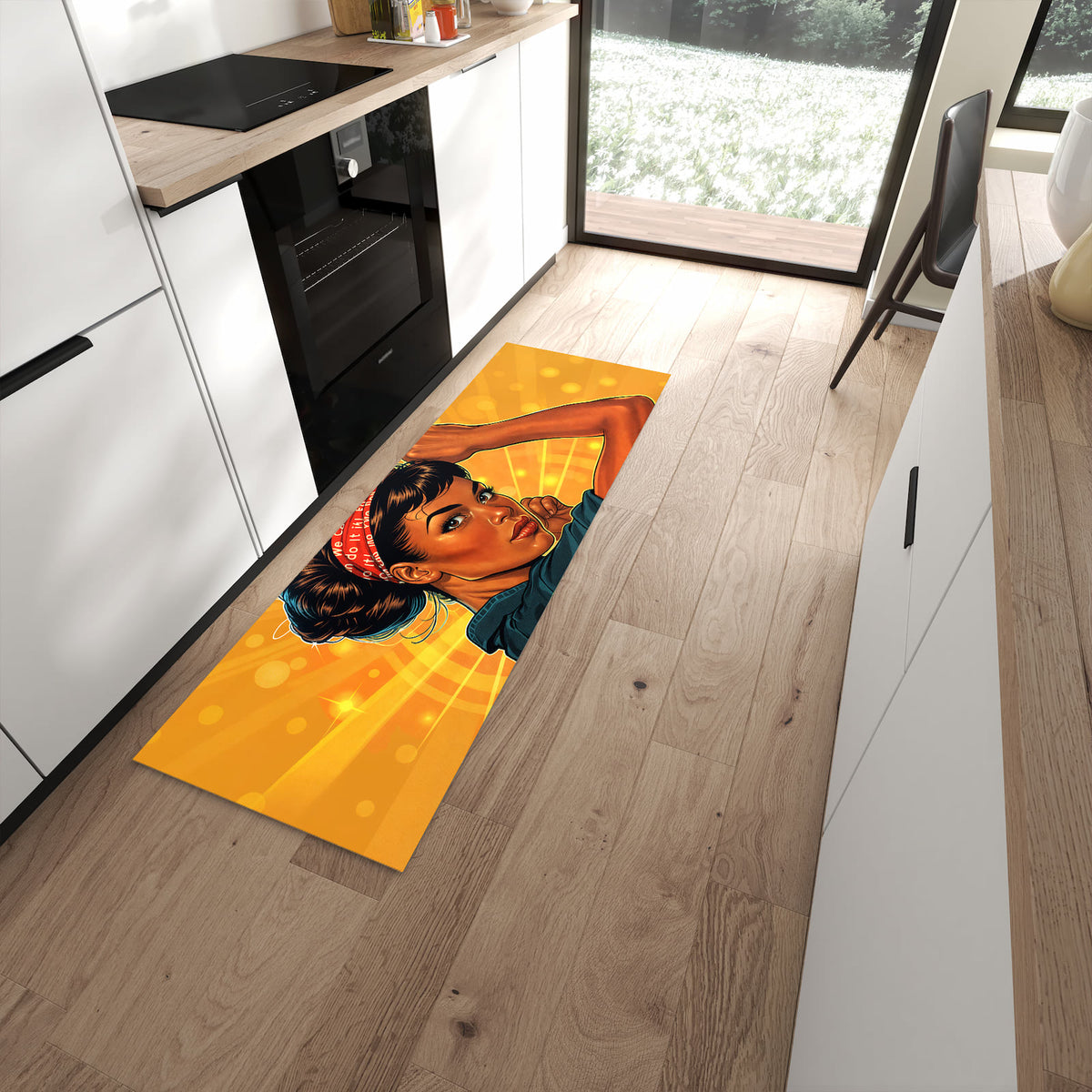 Farbbeständiger waschbarer Küchenläufer mit Motiv Motivationsposter in moderner Küche