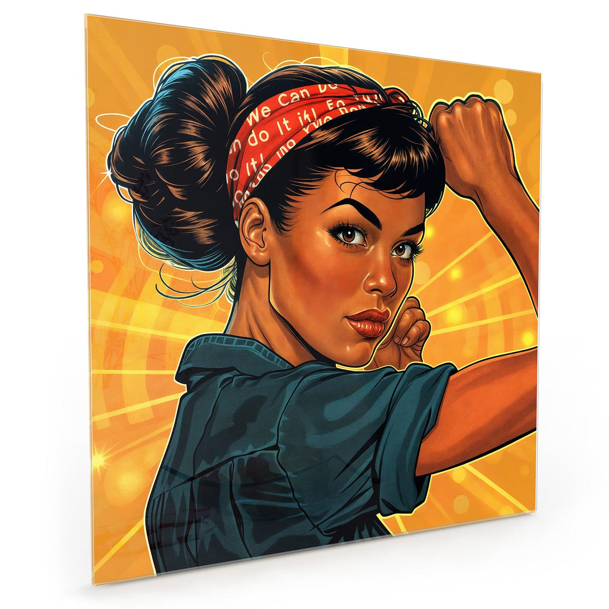 Küchenrückwand aus Glas im quadratischen Format: Pop-Art-Frau mit rotem Kopftuch spannt den Bizeps vor gelb-orangem Strahlenkranz #grösse_40 x 40 cm #grösse_50 x 50 cm #grösse_60 x 60 cm