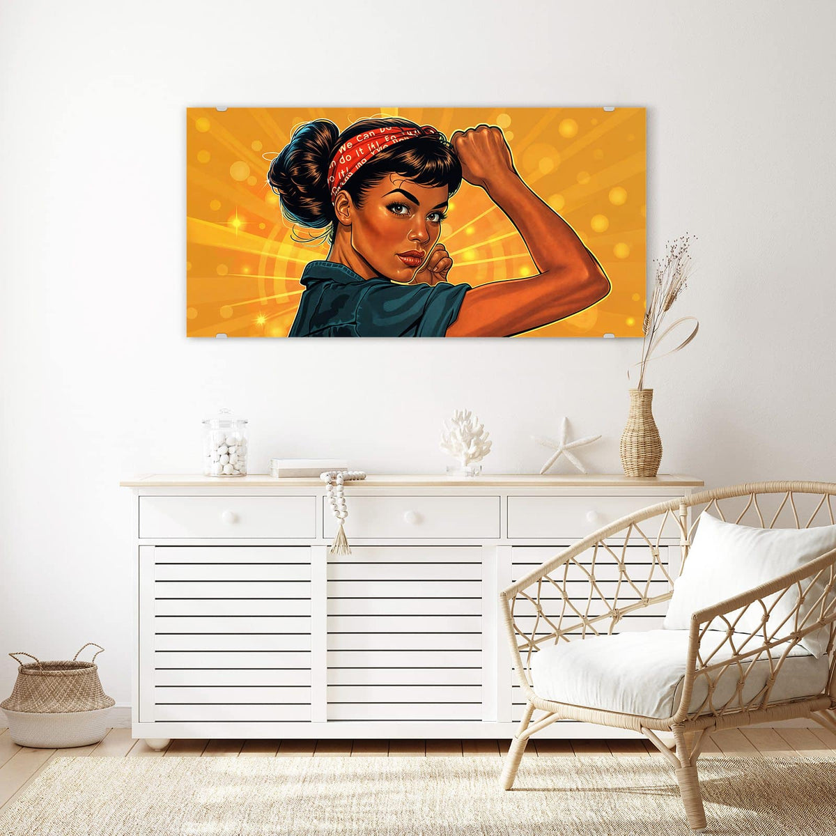 Echtglas, 4 mm – kein Acryl, keine Folie – Wandbild - Starke Frau in Pop Art - Querformat
