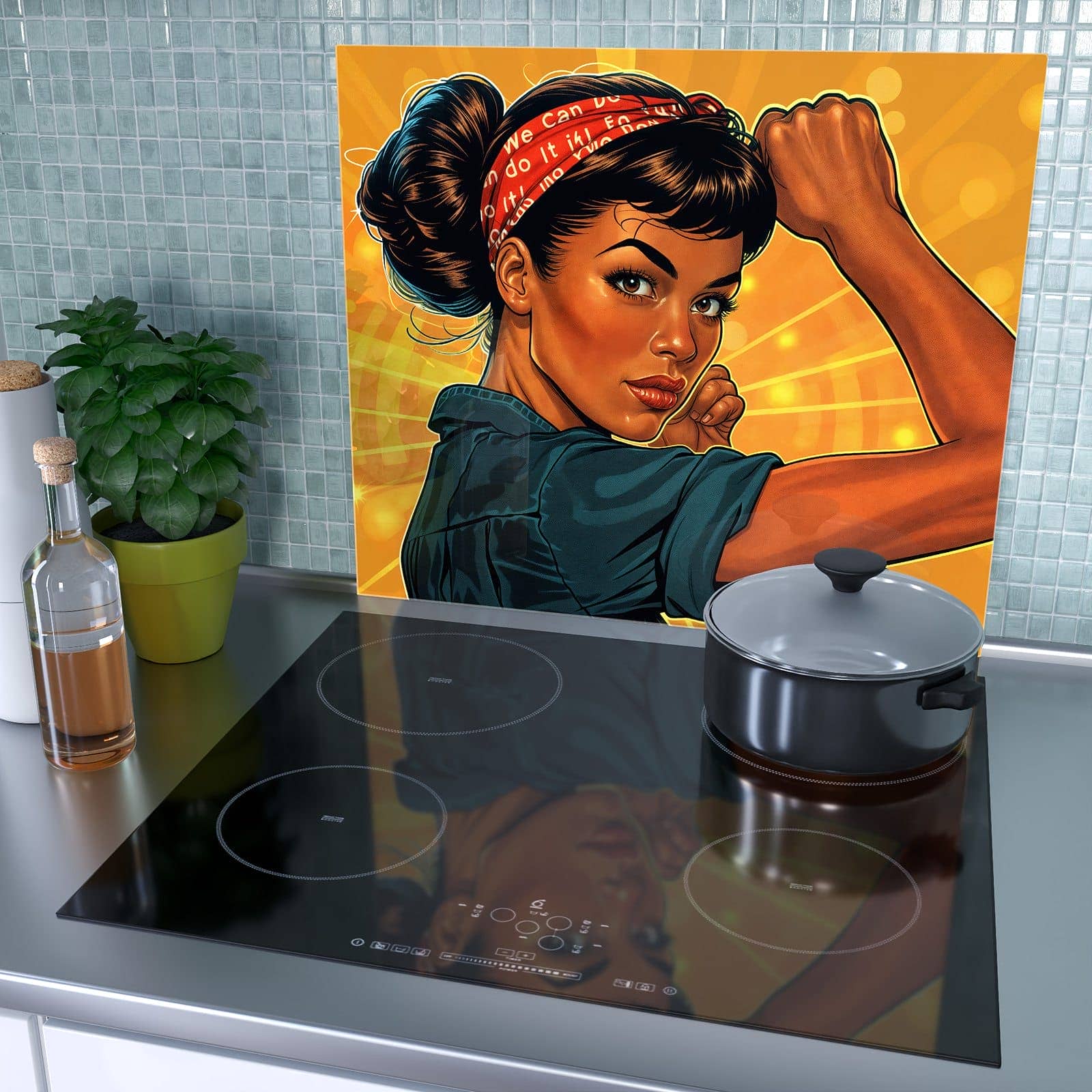 1-teilige Herdabdeckplatte aus Glas mit Motivationsposter-Motiv als Spritzschutz hinter dem Kochfeld