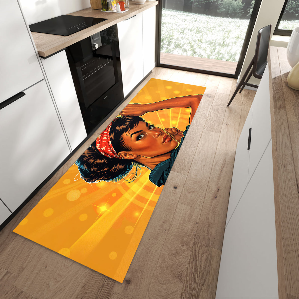 UV-beständiger waschbarer Küchenteppich mit Motiv Motivationsposter in moderner Küche