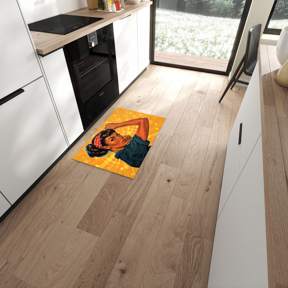 Geräuschdämpfender dünner Teppich mit Motiv Motivationsposter in moderner Küche