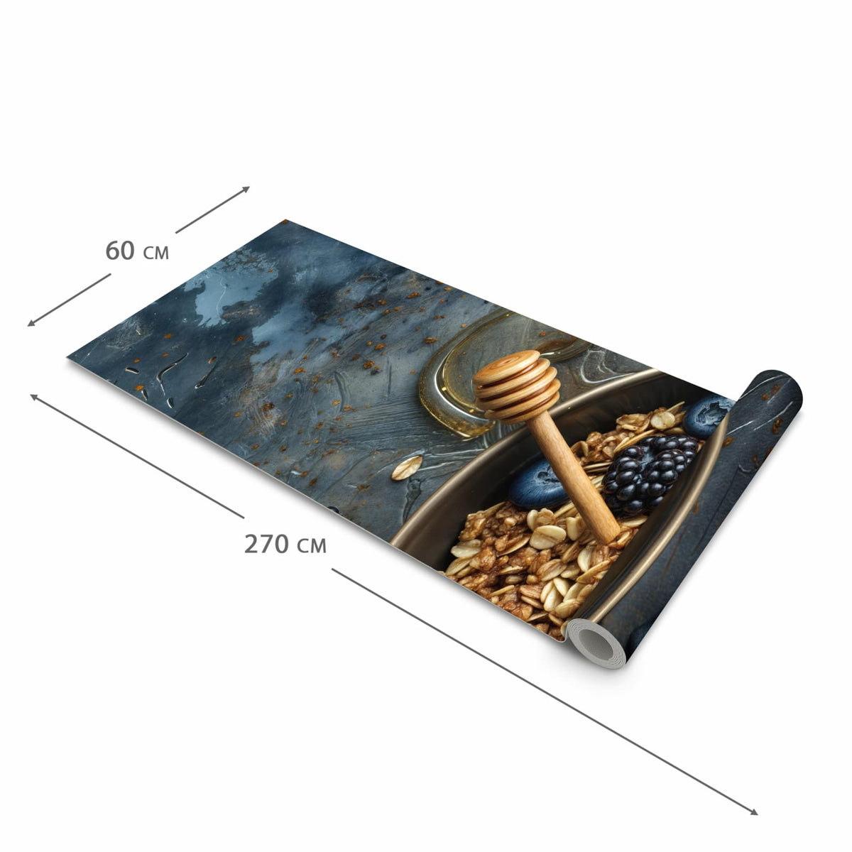 Pflegeleichter waschbarer Küchenteppich mit Motiv Müsli mit Beeren in der Grösse 90x240 cm