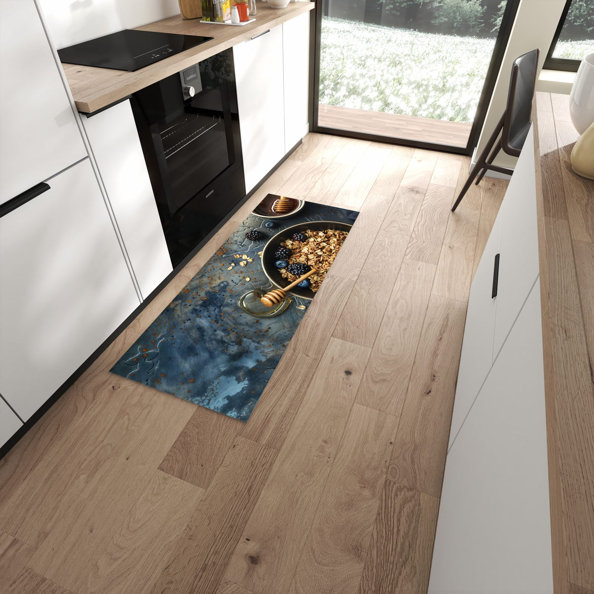 Pflegeleichter Teppich für die Küche mit Motiv Müsli mit Beeren in moderner Küche #grösse_60 x 150 cm
