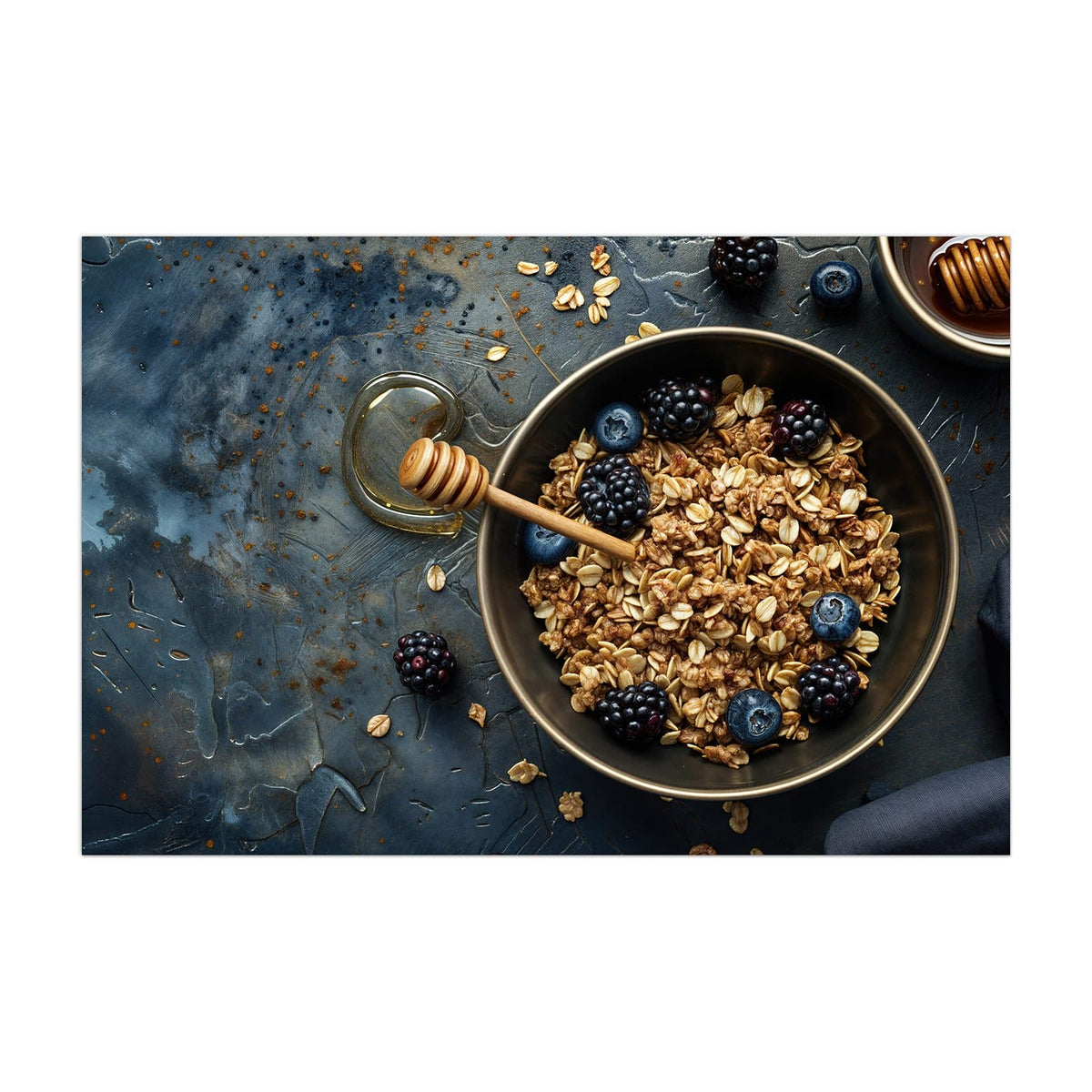 Küchenrückwand aus Glas Müsli mit Beeren im Hochformat, Motiv bildfüllend von vorn